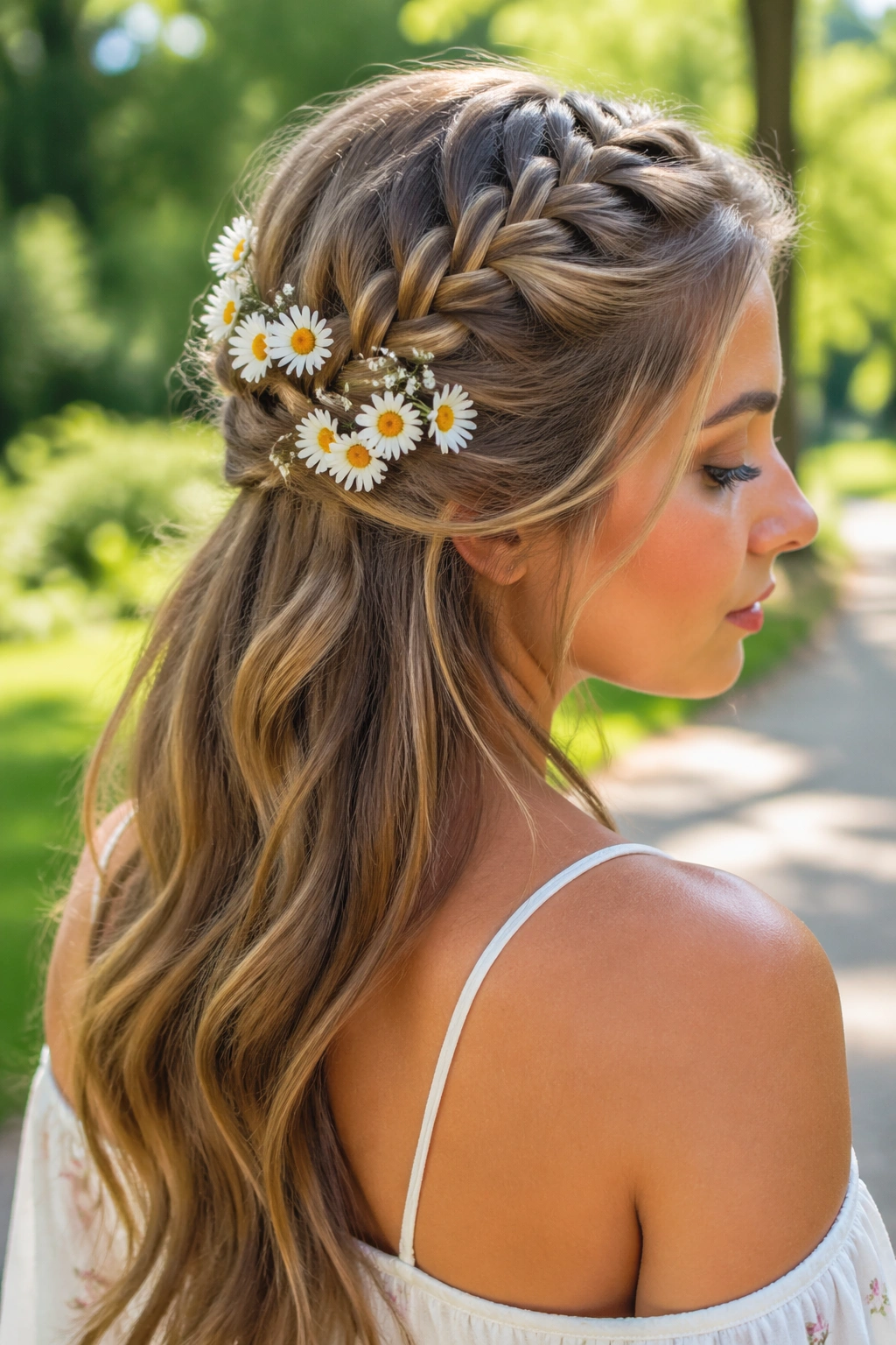 Close-up of a real woman with French Braid Half-Up and daisy sprigs