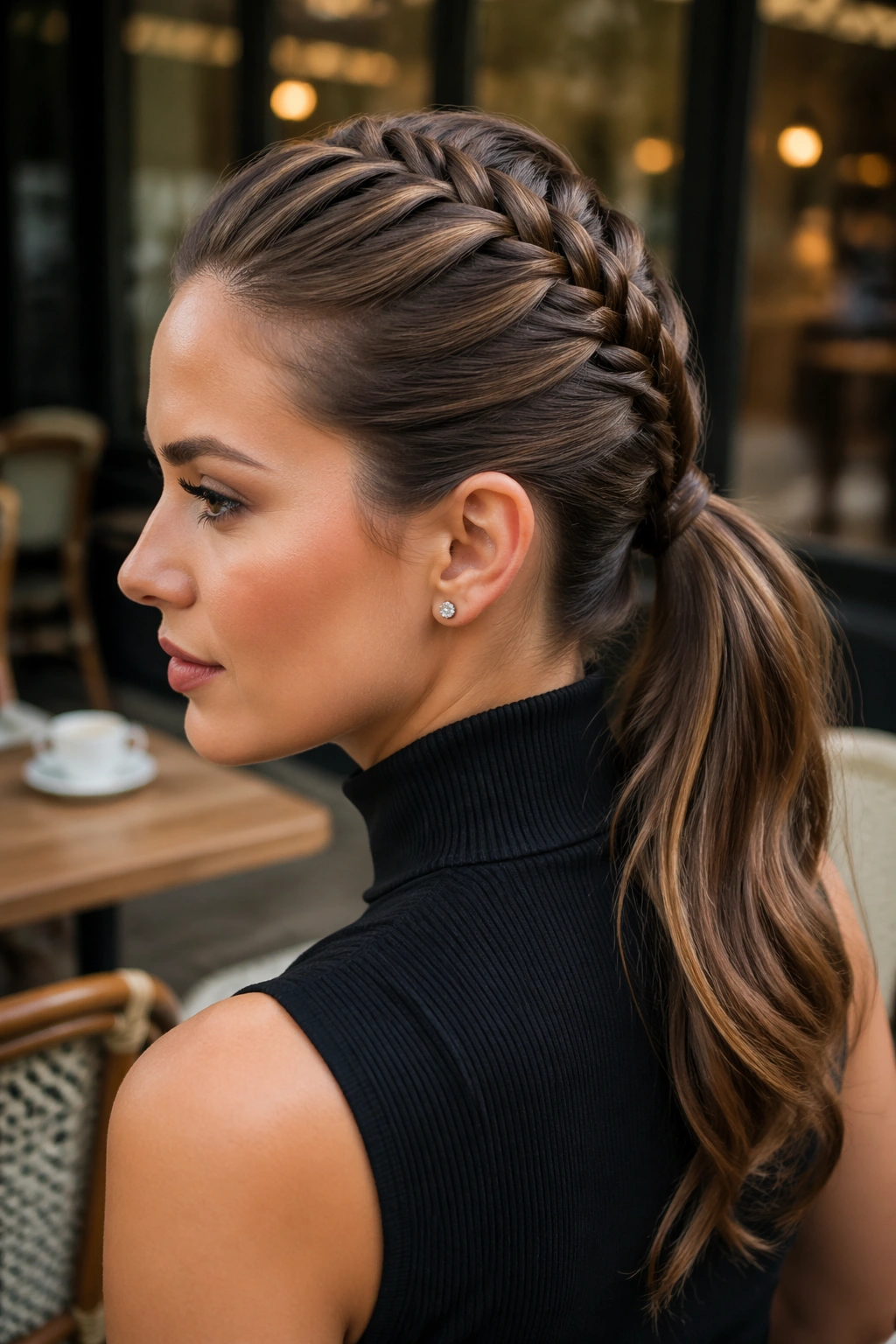 Close-up of a real woman with a French braid into a mid ponytail