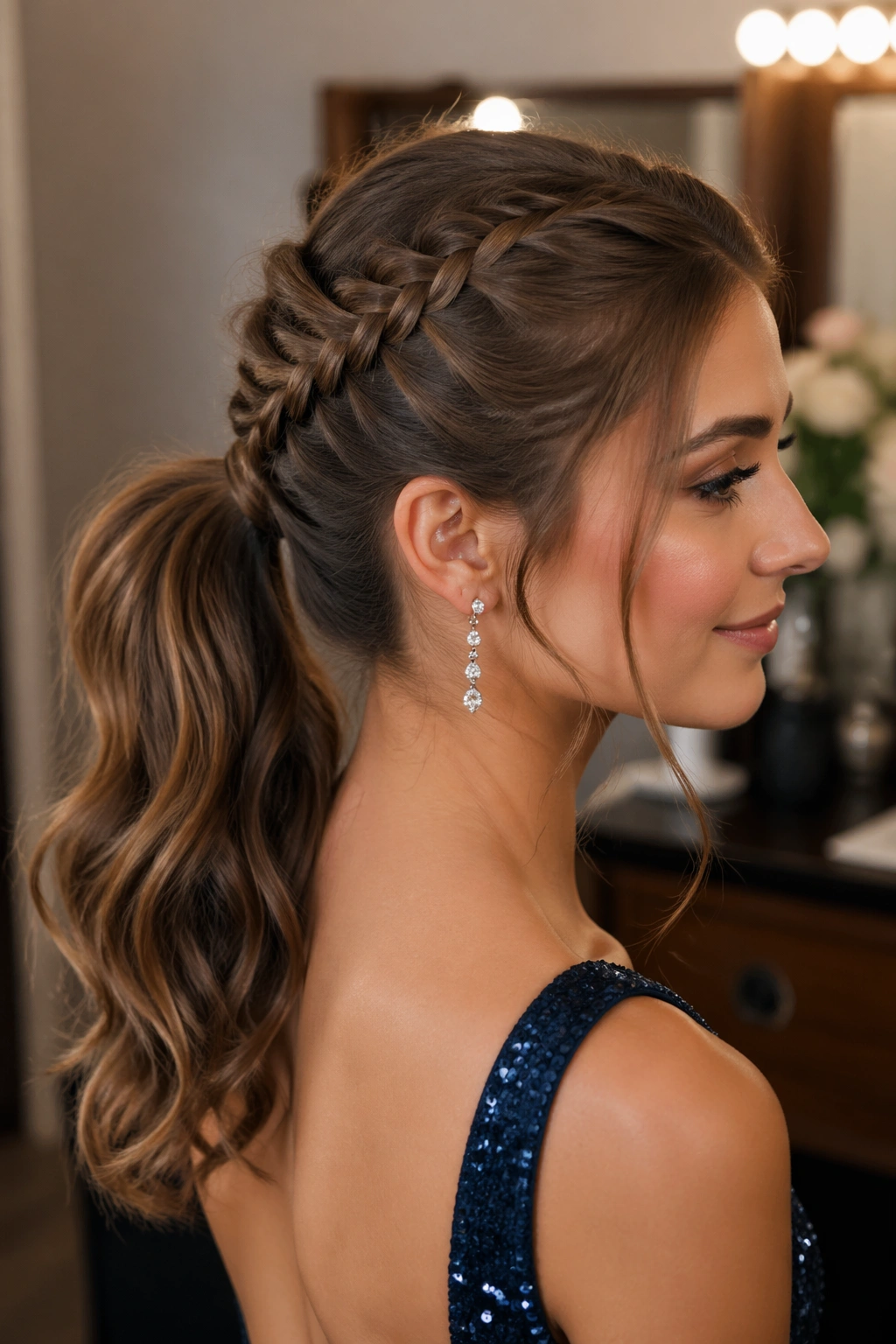 Close-up of a real woman with a French-braid base mid ponytail