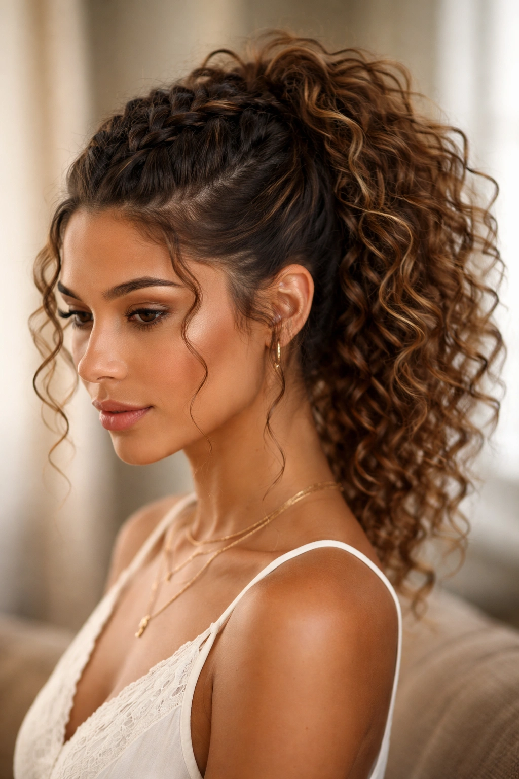 Center French braid along crown with loose sides forming a ponytail on curly hair