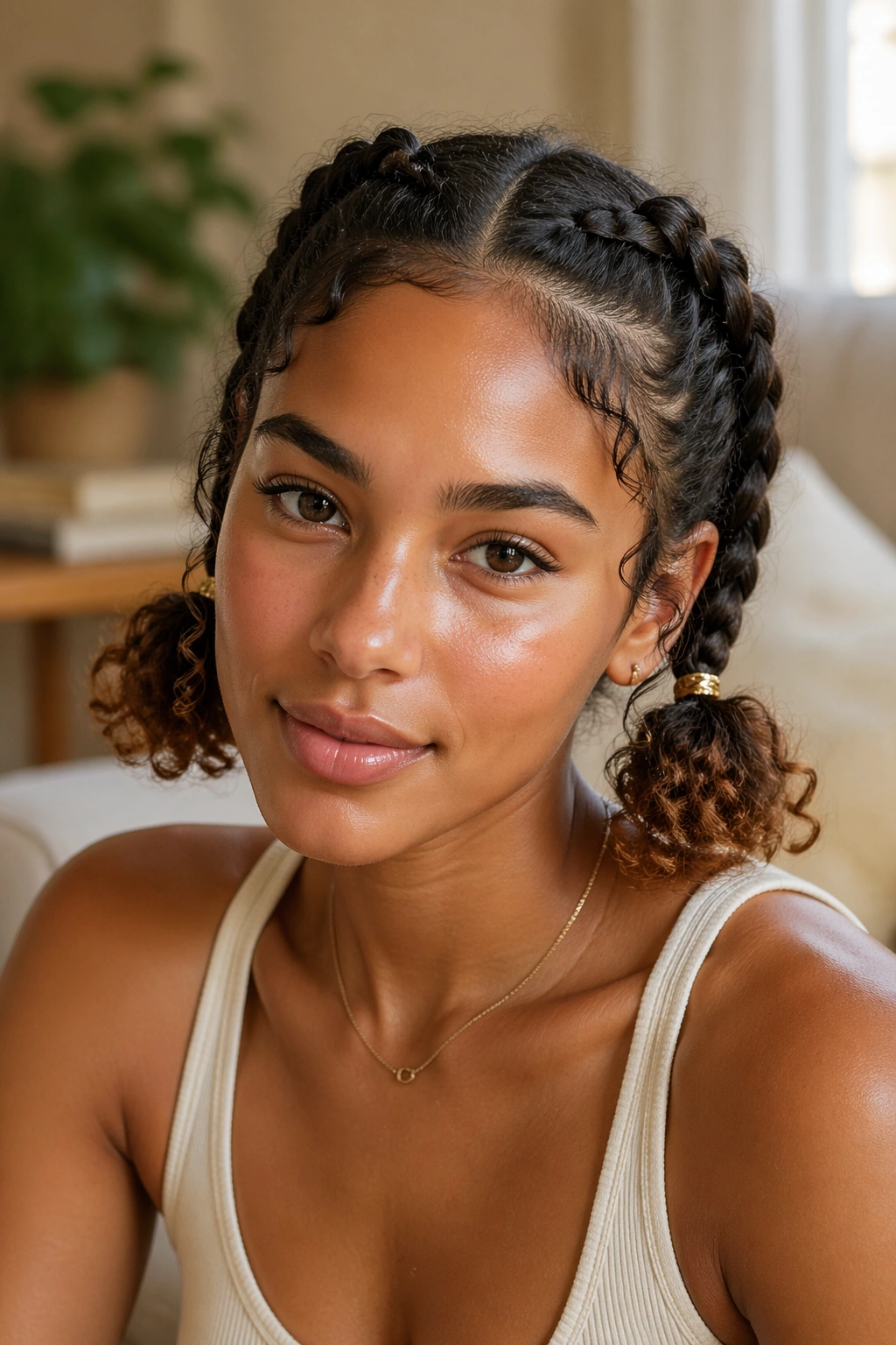 French braid pigtails on a real woman with soft curly ends