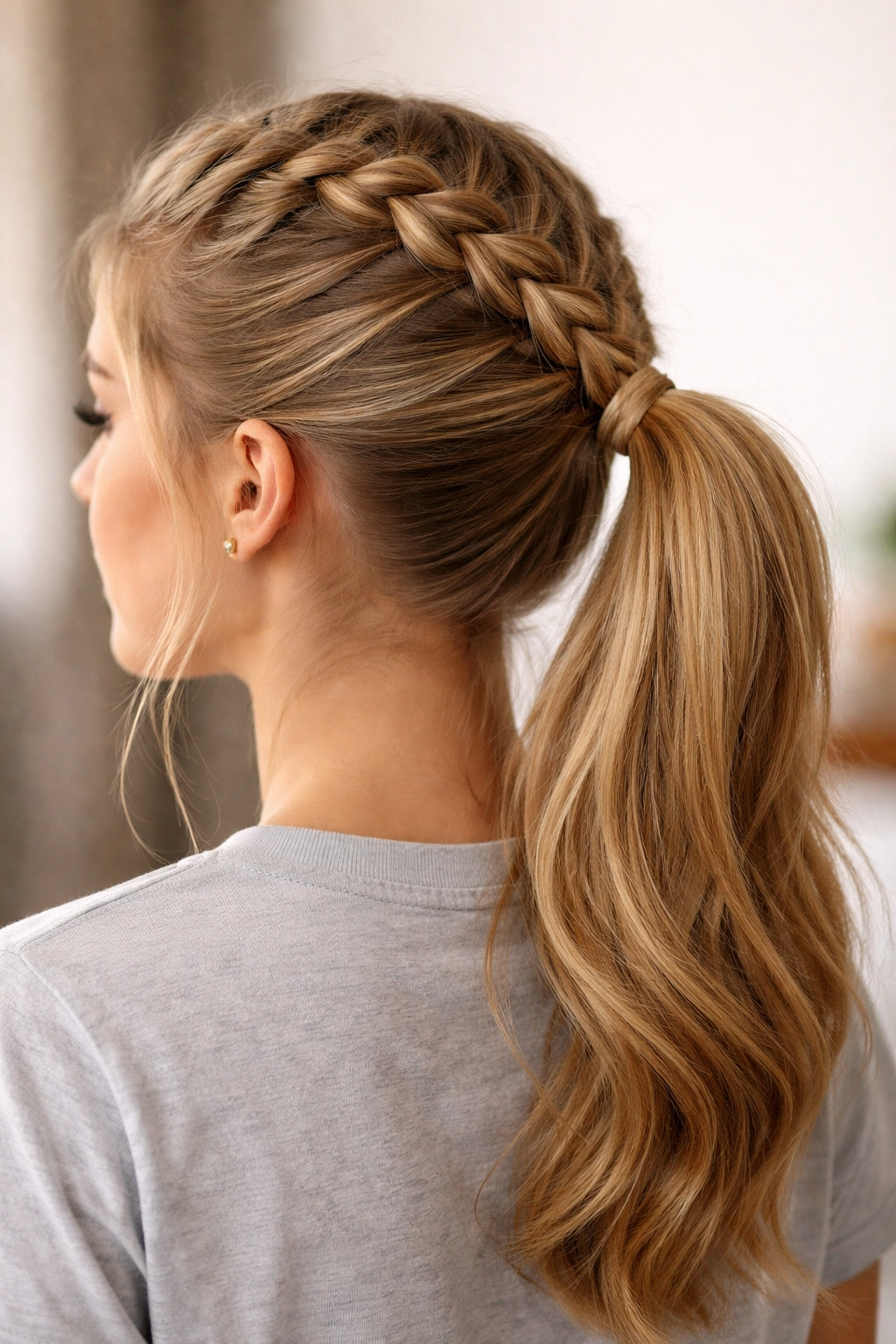 Front-to-back French braid ending at the nape and merging into a ponytail