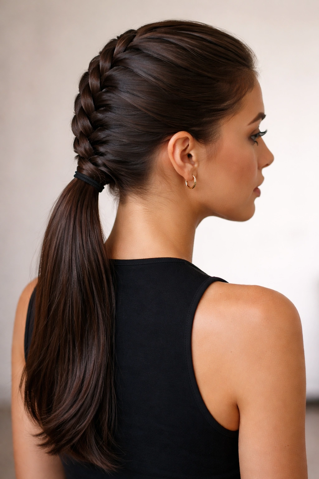 French braid transitioning to low ponytail on model