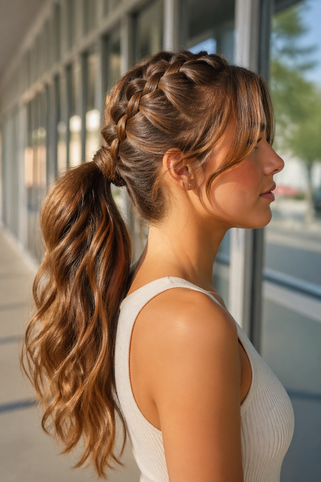 Side profile of French-braid into ponytail with curtain bangs