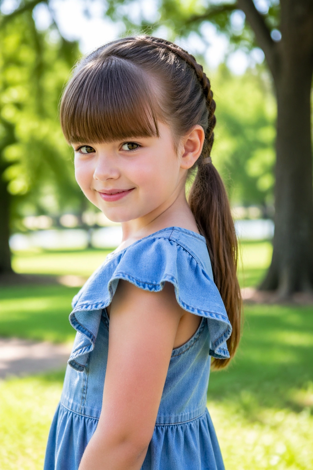 Outdoor hero shot of French braid ponytail with straight bangs.
