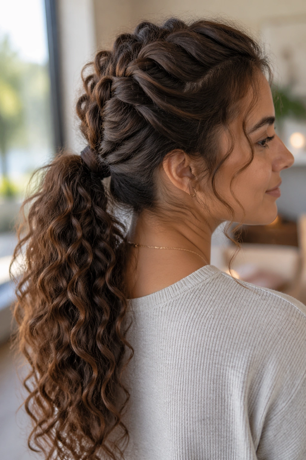 Real woman with French braid transitioning to ponytail