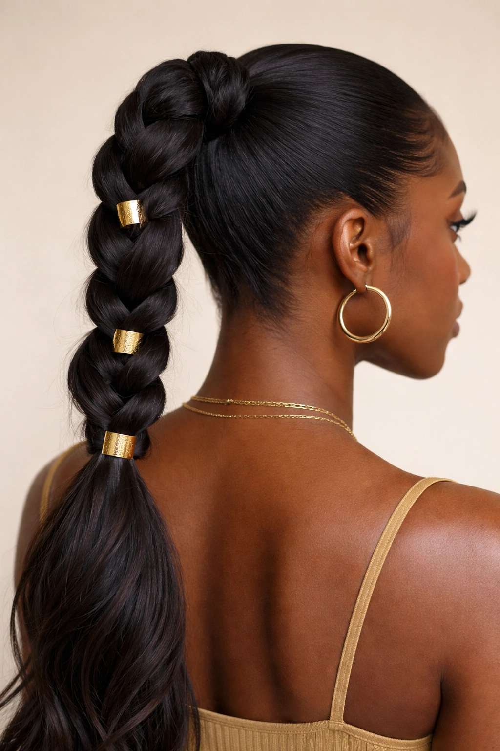 French braid ponytail with gold cuffs along the braid