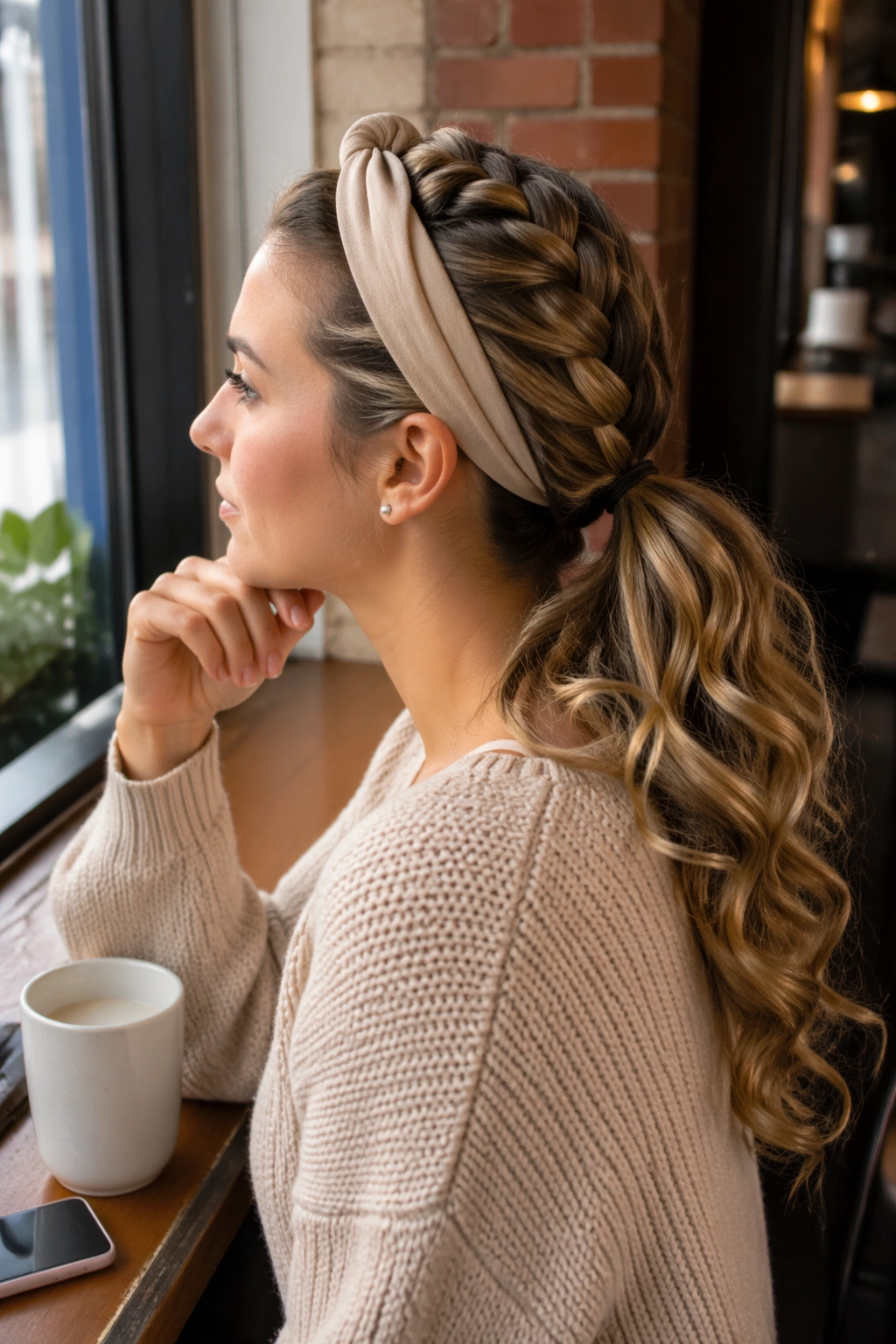 Side profile of a French braid ending in a curled ponytail with a knotted headband by a cafe window.
