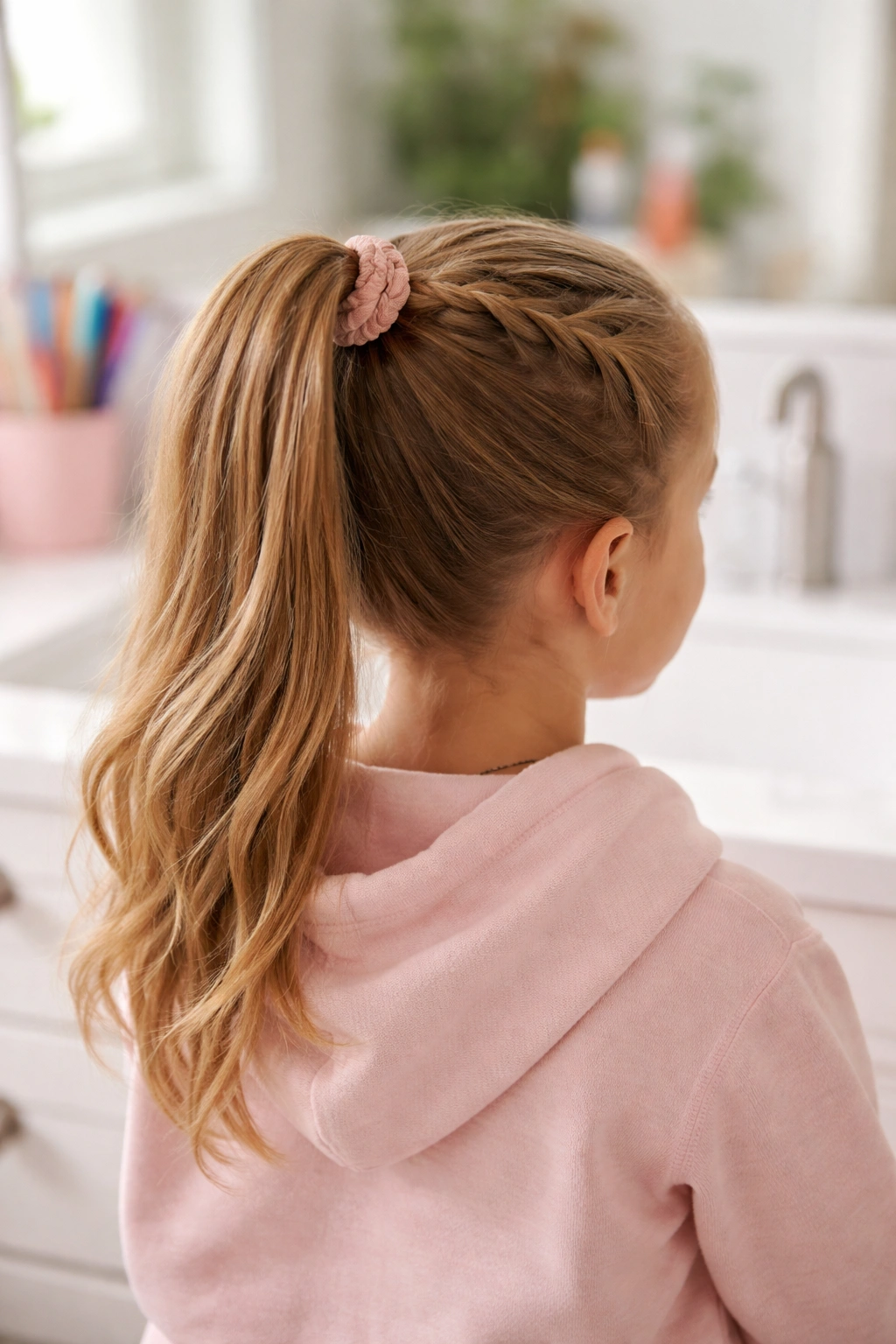 Over-the-shoulder view of French-braid into high ponytail