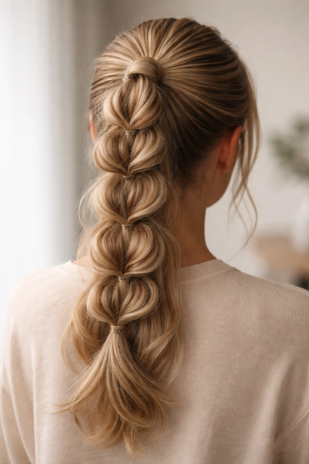 Close-up of a softly looped French braid ponytail with airy loops and visible elastics