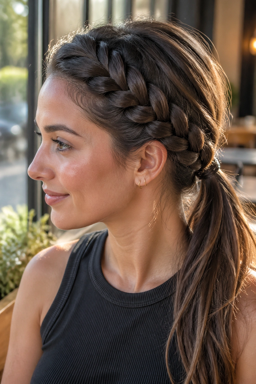 Close-up of a woman with a French braid swept into a low ponytail in a sunlit cafe