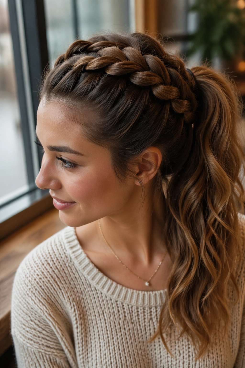 Close-up of French braid ponytail on a real person with smooth braid transitioning into a ponytail
