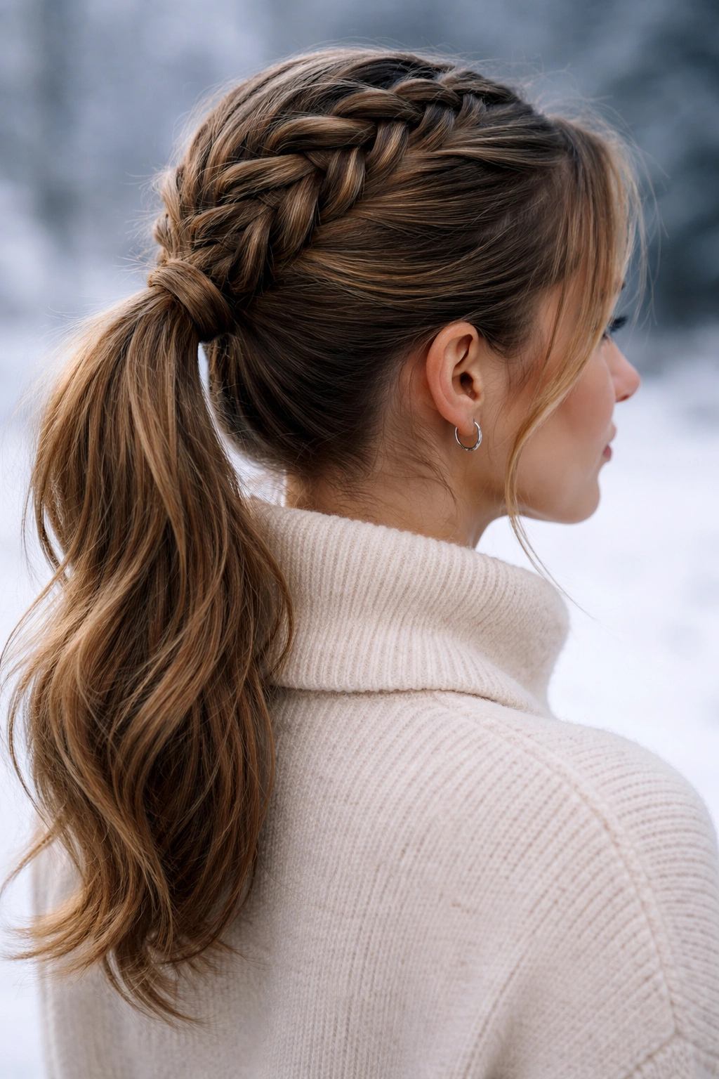 Close-up of a model's head with a French braid turning into a ponytail under cool winter lighting