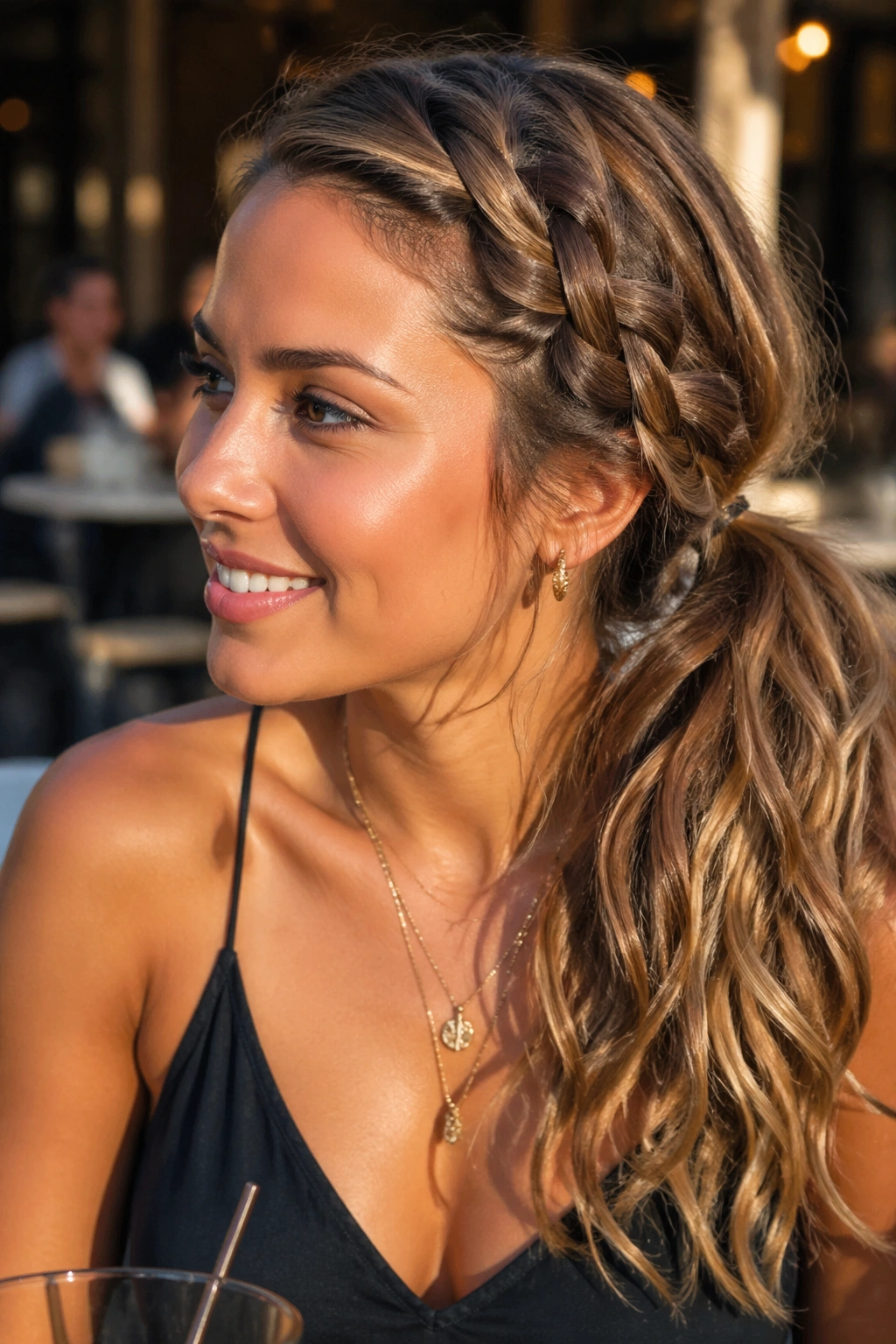 Real woman with loose French braid feeding into side ponytail