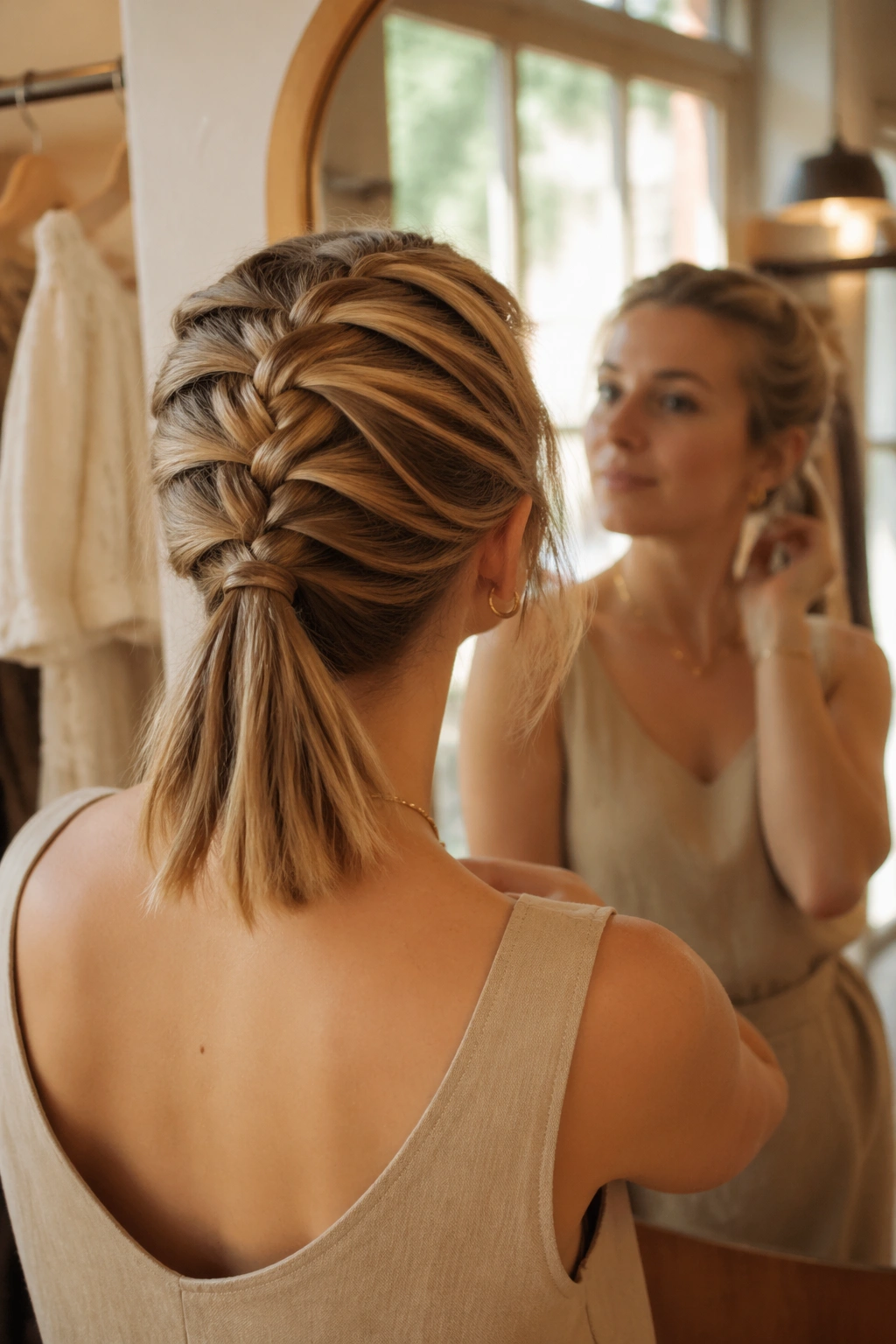Mirror-view of a French-braided ponytail in a boutique dressing room.