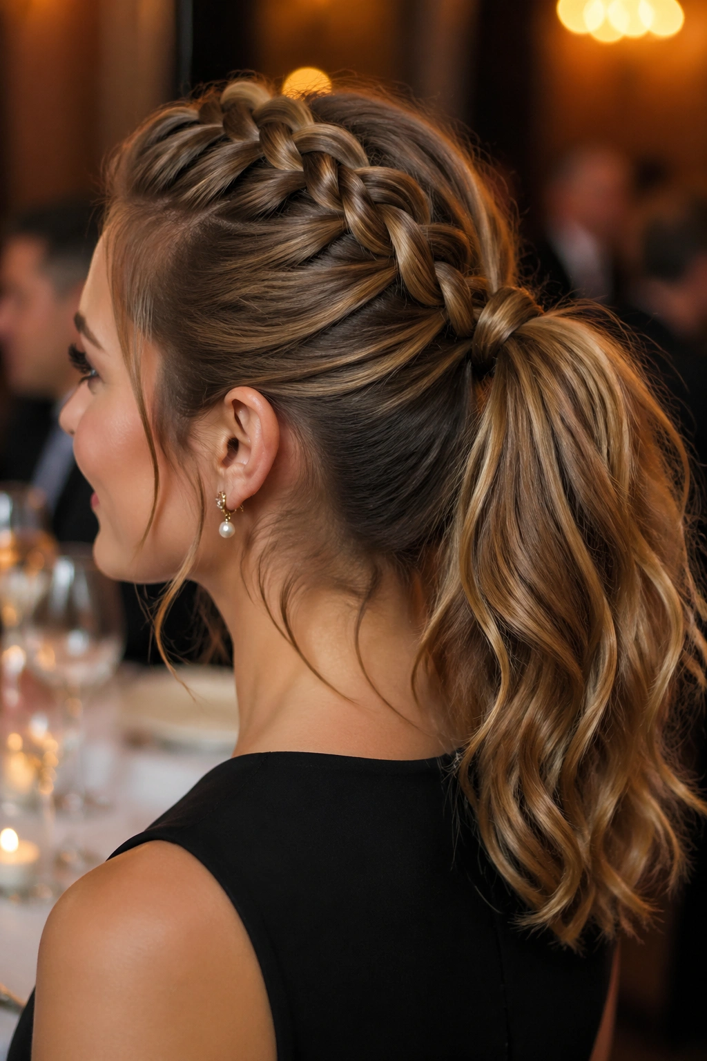 Close-up of a real woman with a French-braided ponytail for medium hair
