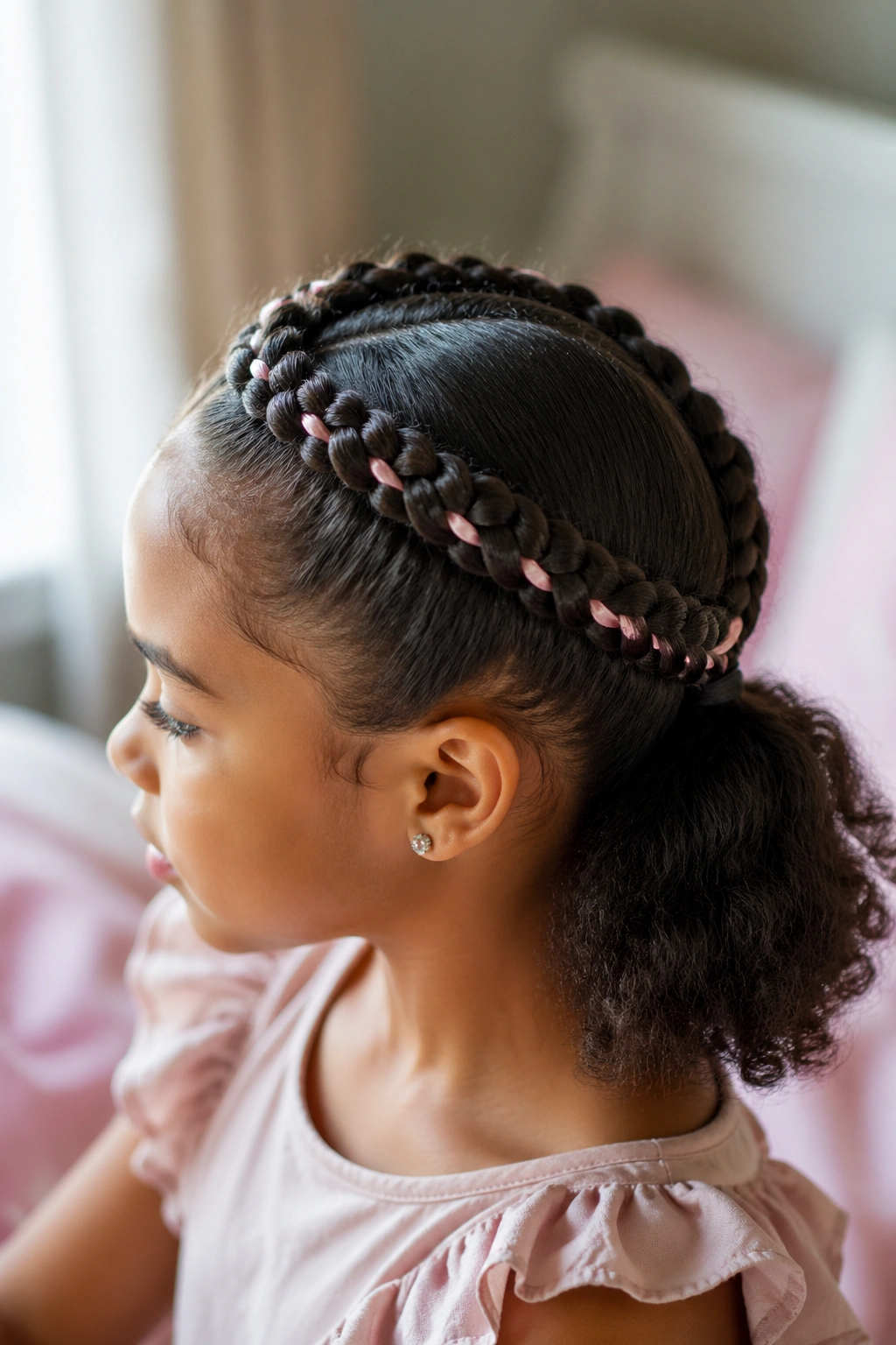 Close-up of a real child's head with two French-braid crowns around the crown, ribbons woven in, soft natural light.