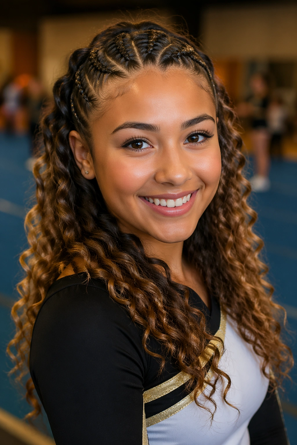 Close-up of a cheerleader with French braids transitioning to loose curls