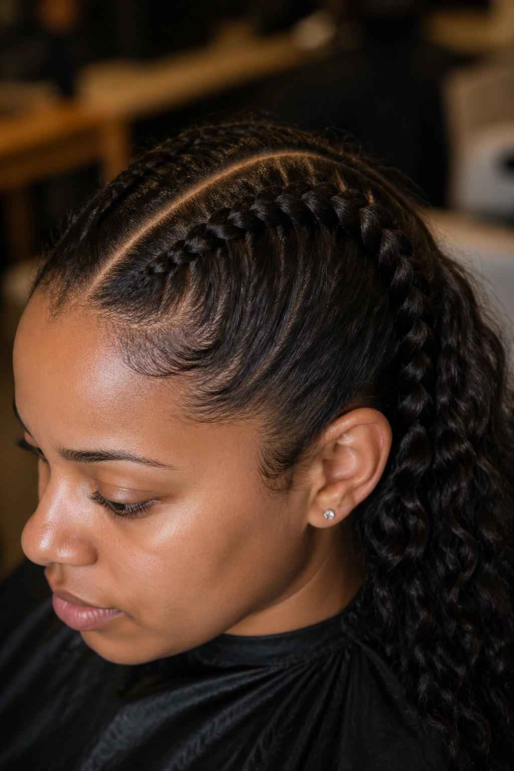 Close-up of real person with French cornrow showing dimensional texture