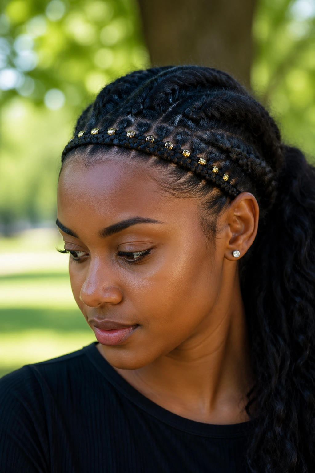Close-up of a real person with a beaded headband formed by front French cornrows
