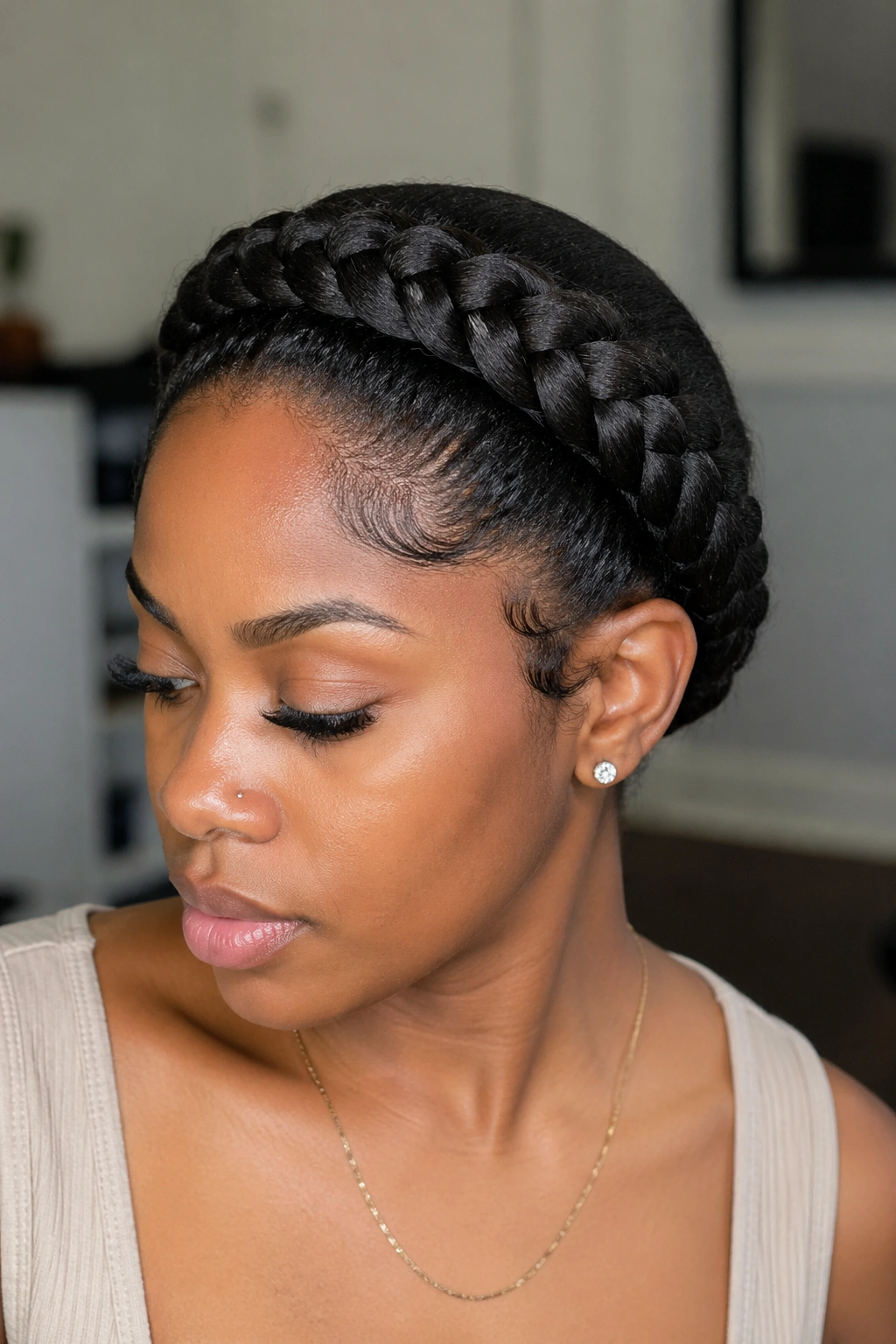Close-up portrait of a real woman wearing a halo French cornrow around the crown of the head.