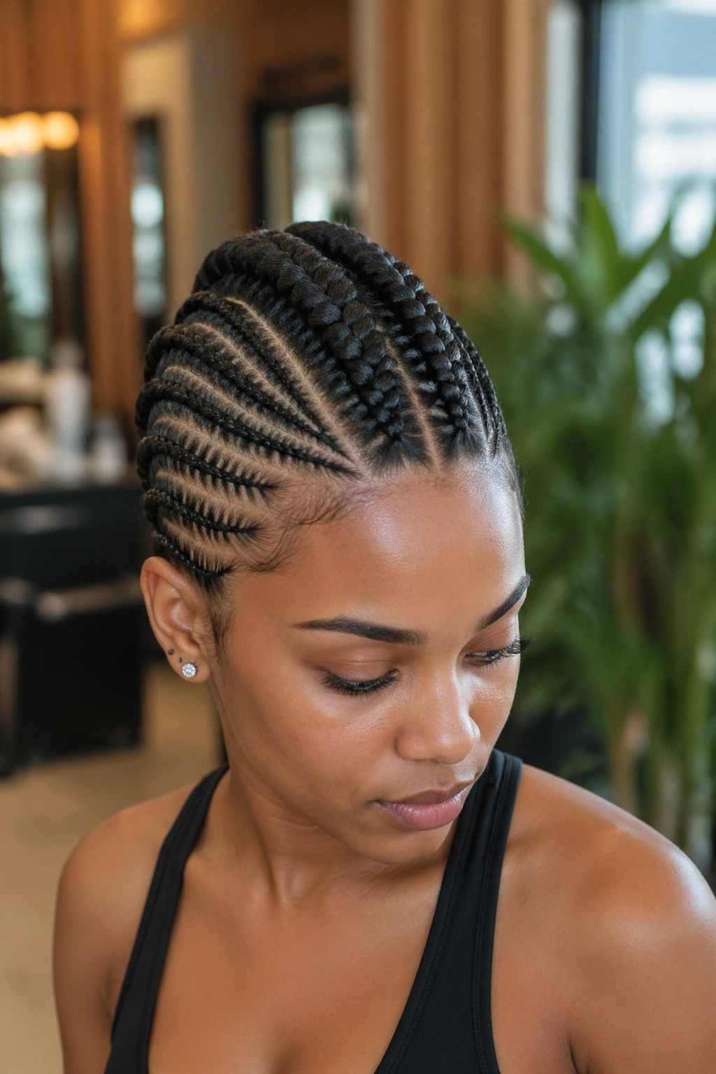 Close-up of a real person with a French Cornrow Faux Hawk featuring a central strip and angled side braids