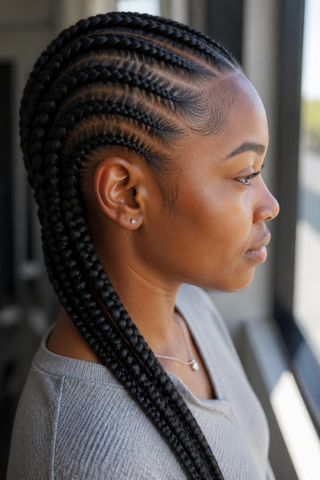 Profile view of a real person with a French cornrow along the hair length.