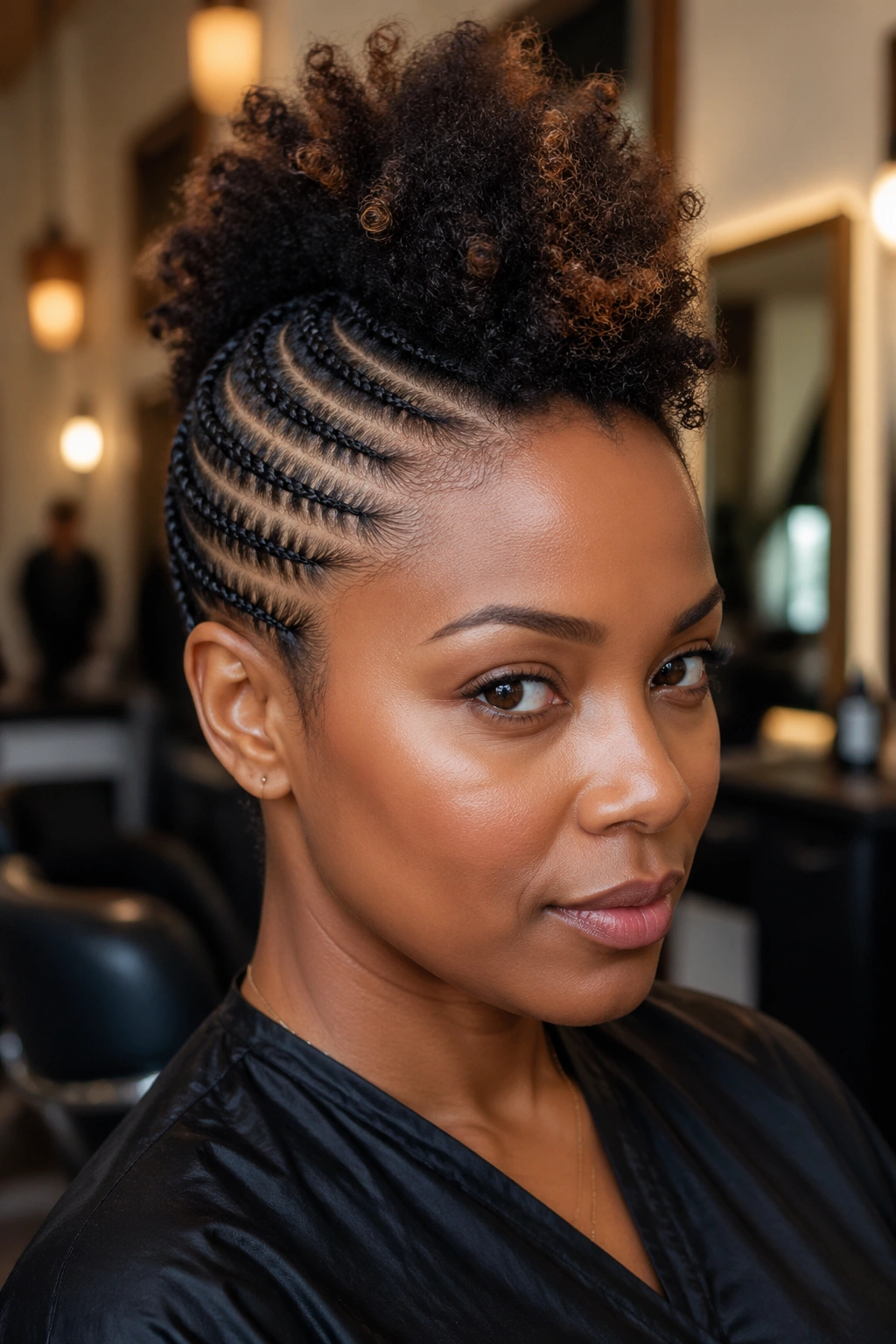 Close-up portrait of a real woman with French cornrow mohawk showing side cornrows and center puff.