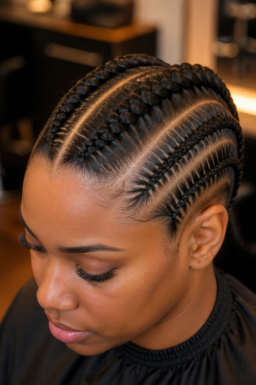 Portrait showing bold French cornrows on one side and sleeker standard cornrows on the other.