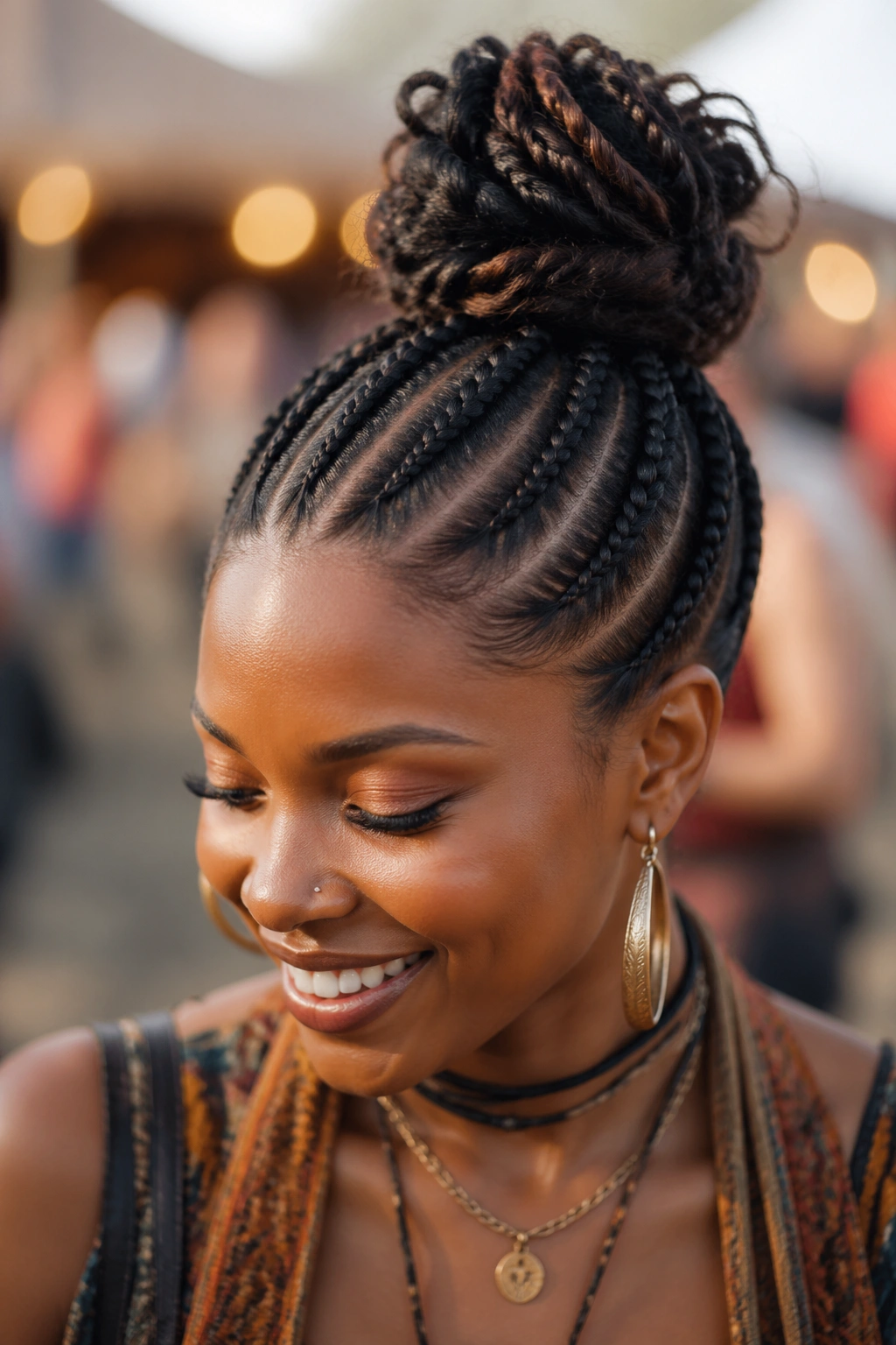 Close-up of a real person with French cornrows ending in a high twisted bun