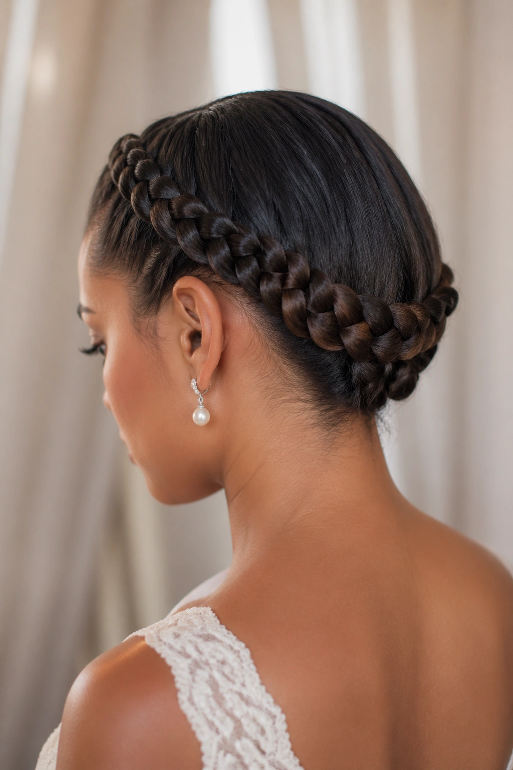 Close-up of a real person with two French cornrows wrapping around to the back center in a bridal wrap