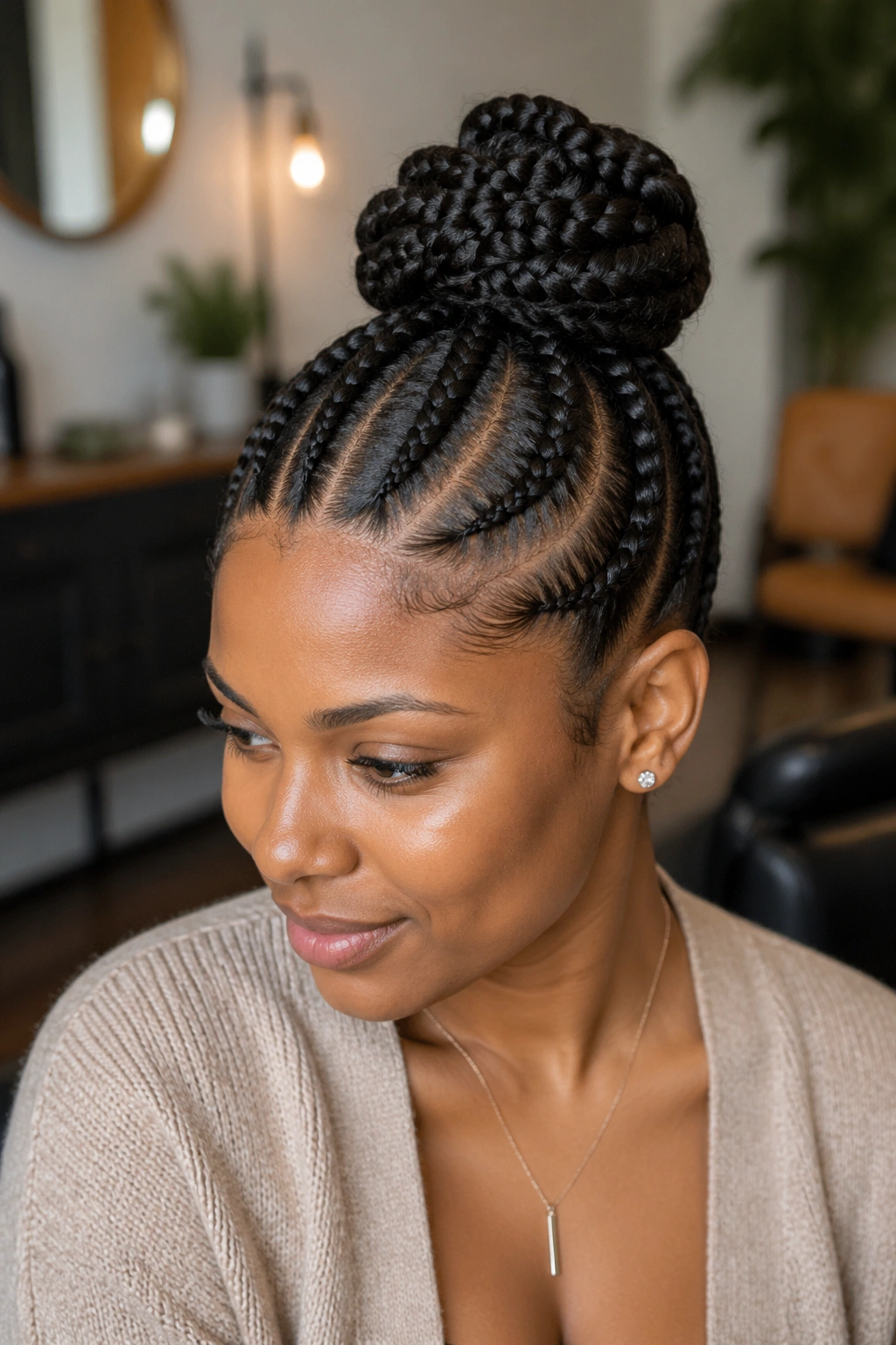 Close-up of a real woman with a French cornrow updo bun forming a coiled rope at the crown