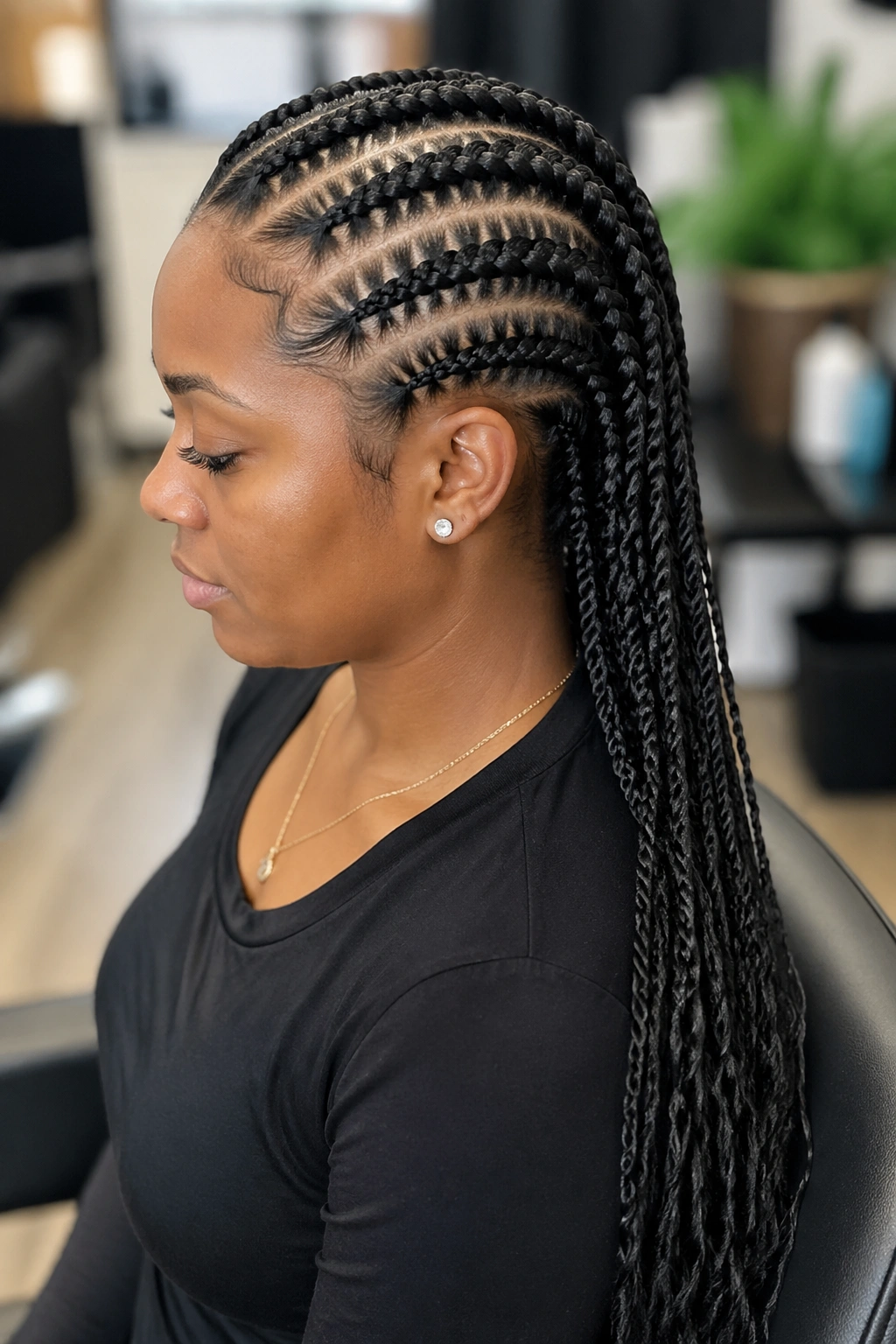 Close-up of a real person with French cornrows down to mid-back and twisted ends hanging loose