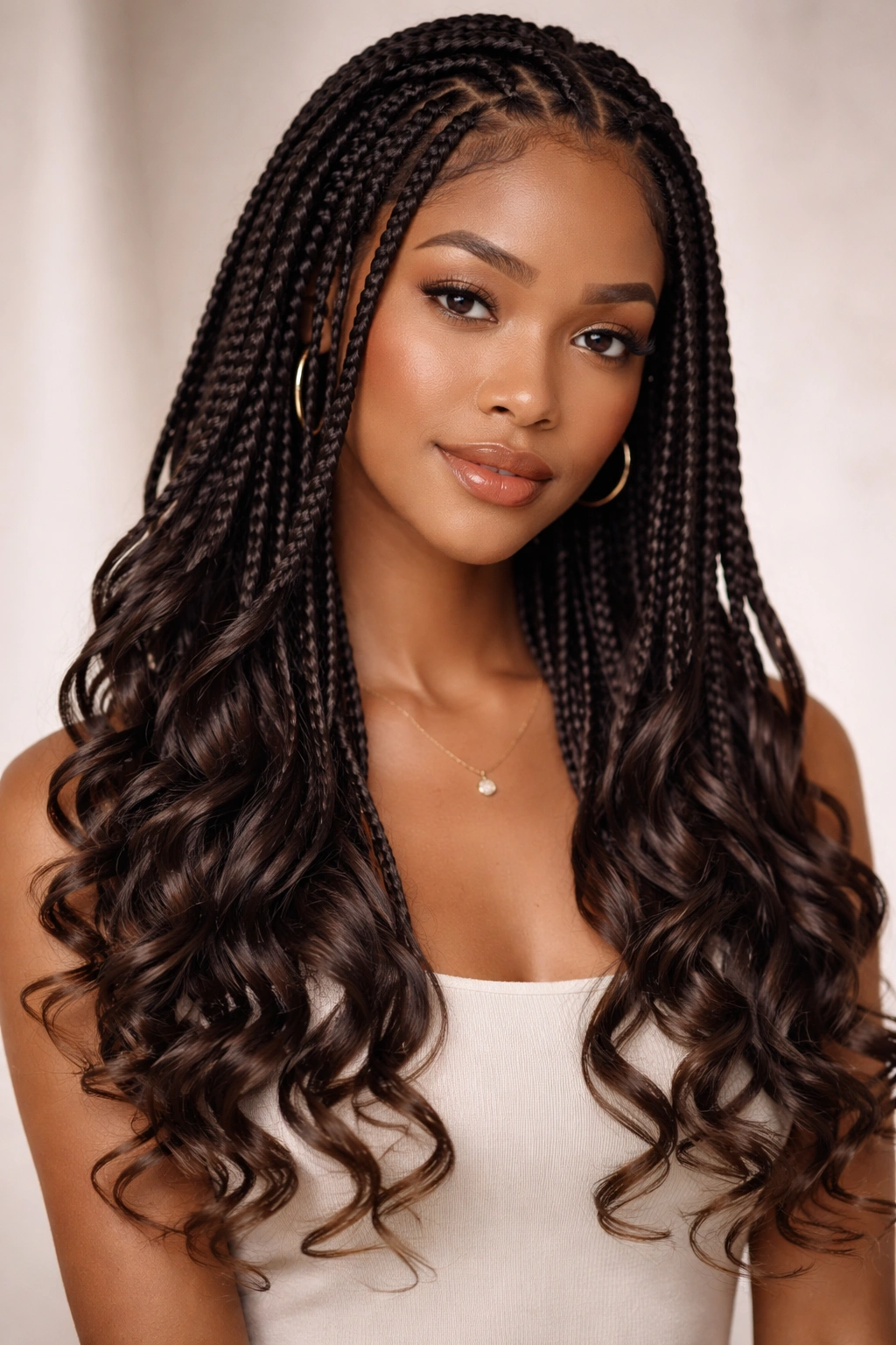 Close-up of French curl braids with built-in curls at the ends.
