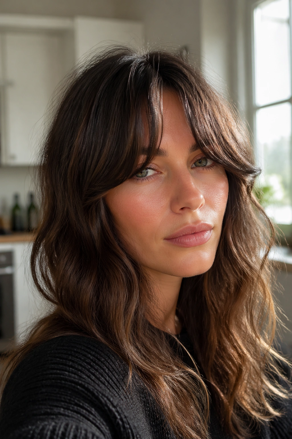Close-up of a real person with French-girl bangs and a soft center split in bright light.