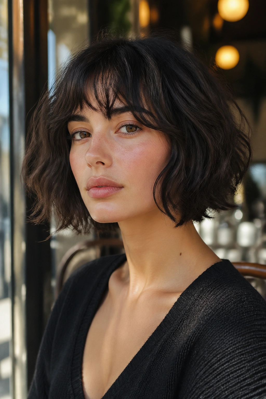 Close-up of a real woman with a cheekbone-length French girl bob and fringe