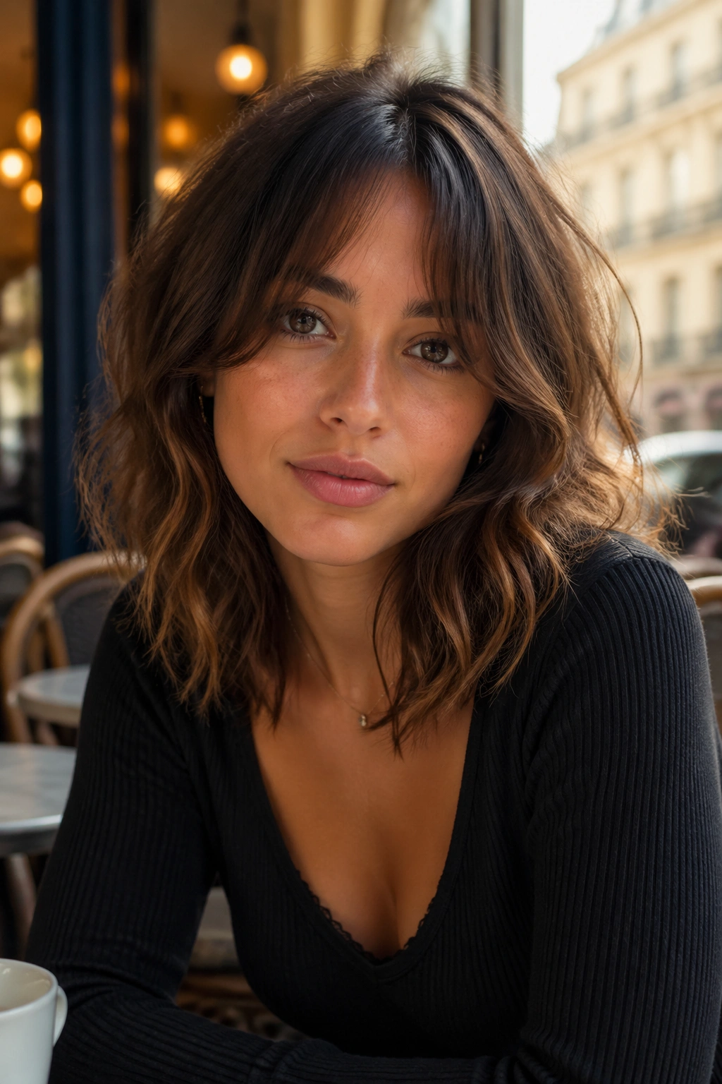 Real woman with lived-in waves and curtain bangs in warm cafe light