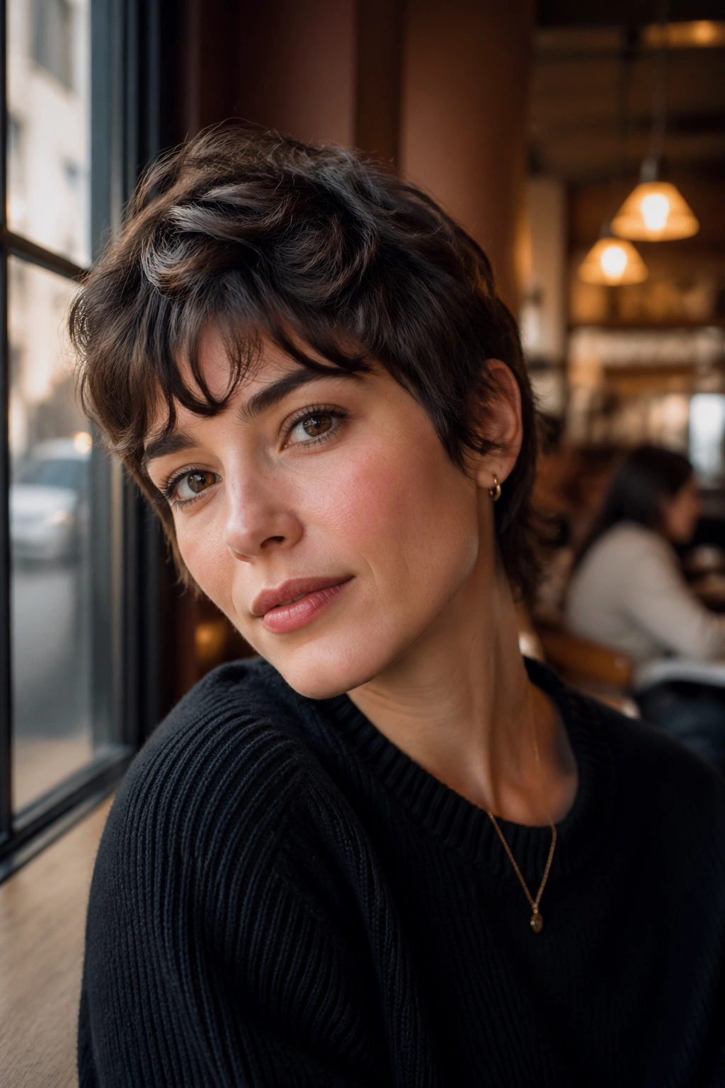 Portrait of a real woman with a French-inspired pixie and soft fringe.