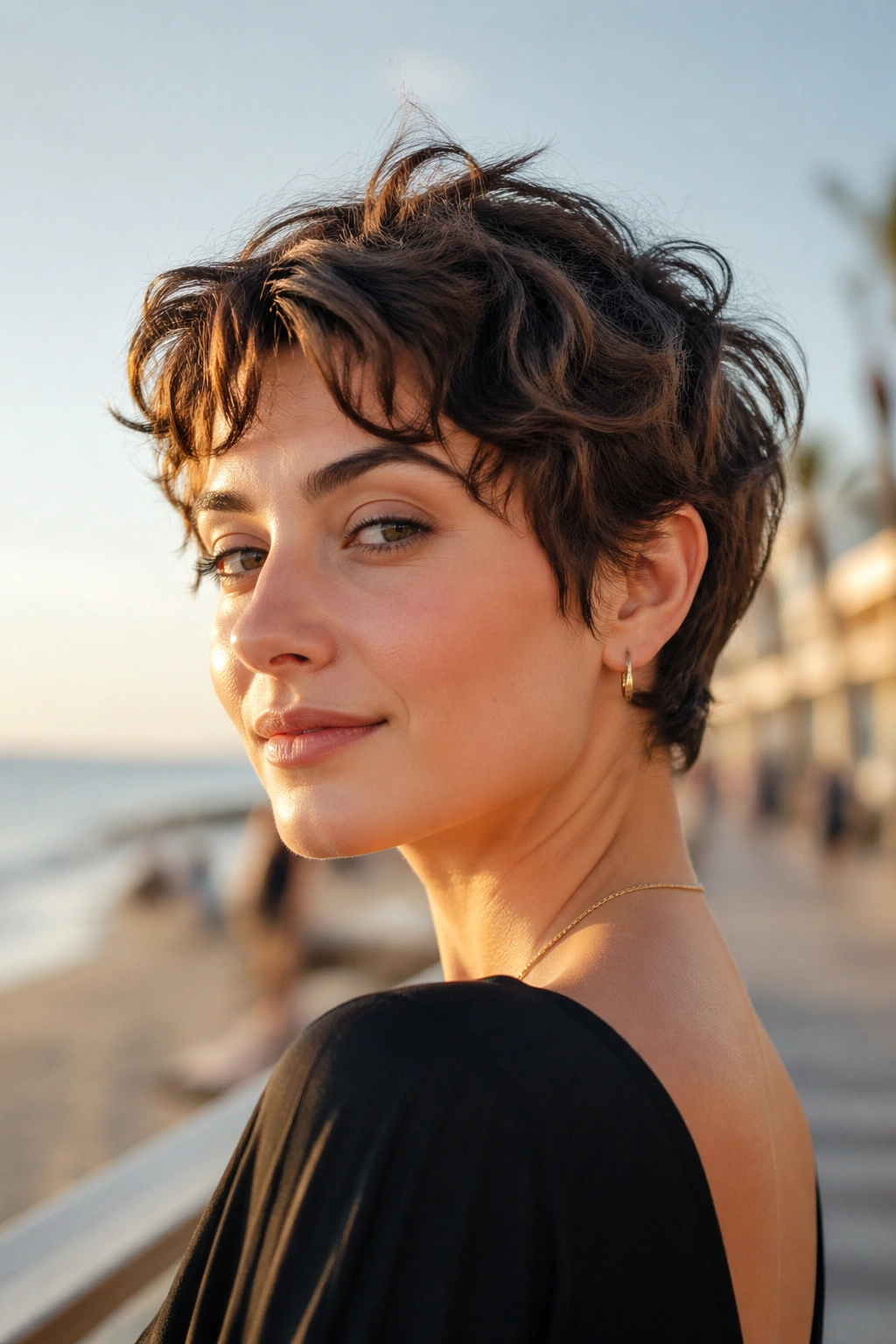 Close-up real woman with tousled pixie at temple in warm sun
