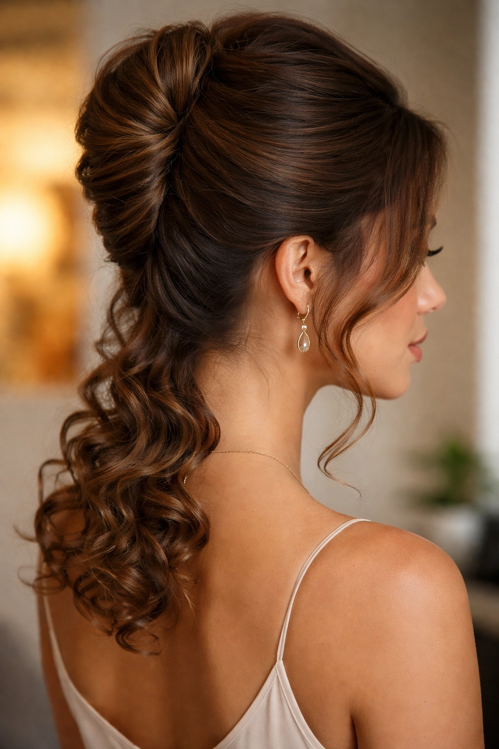 Close-up of a real woman wearing a French roll with curly ends