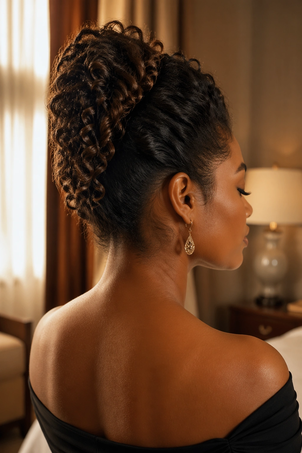 Side-profile of a real woman wearing a French roll-inspired curly bun along the back of the head
