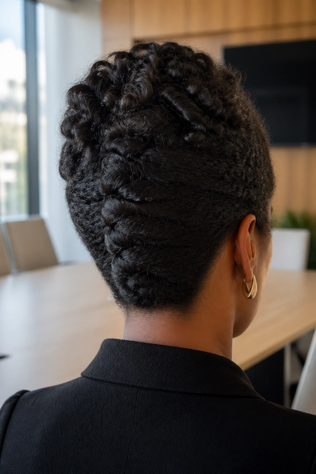 Back profile of a real woman with a French roll and textured curls.