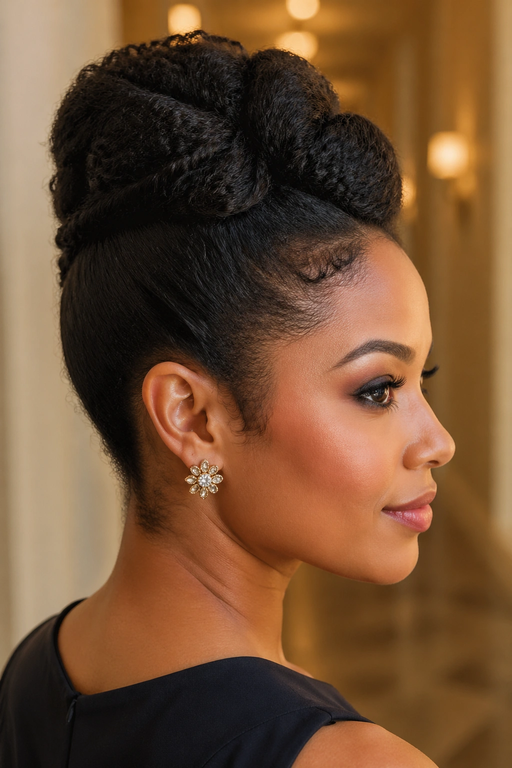 Close-up of a real woman's French roll updo with natural texture.