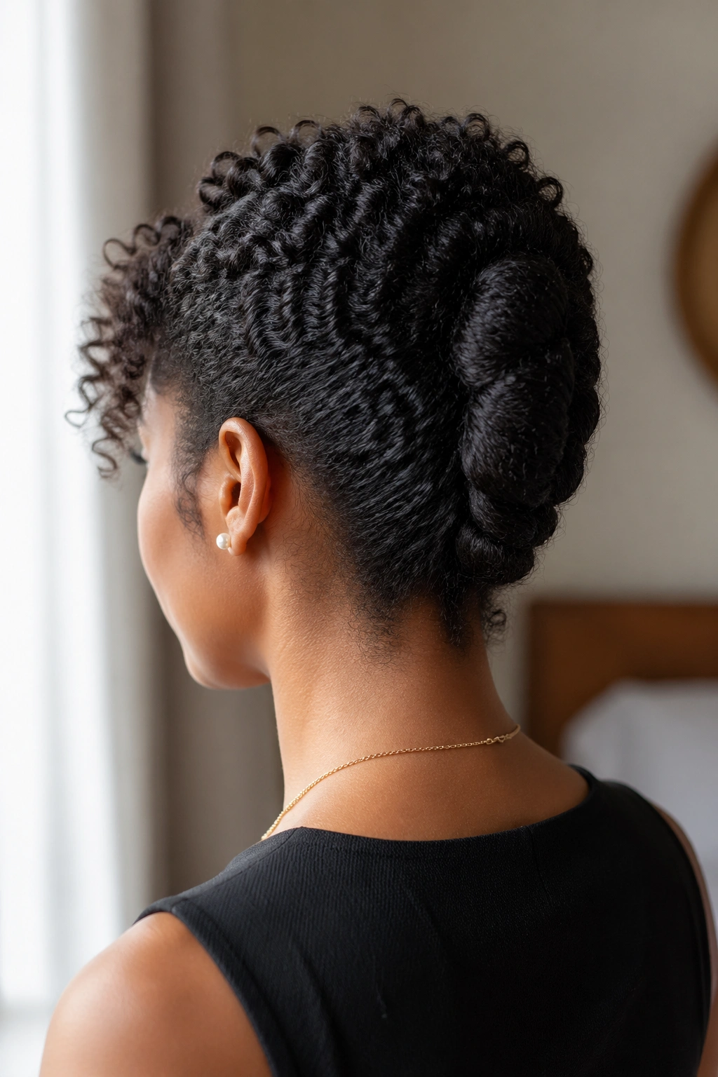 Back view showing textured French roll with curls on top