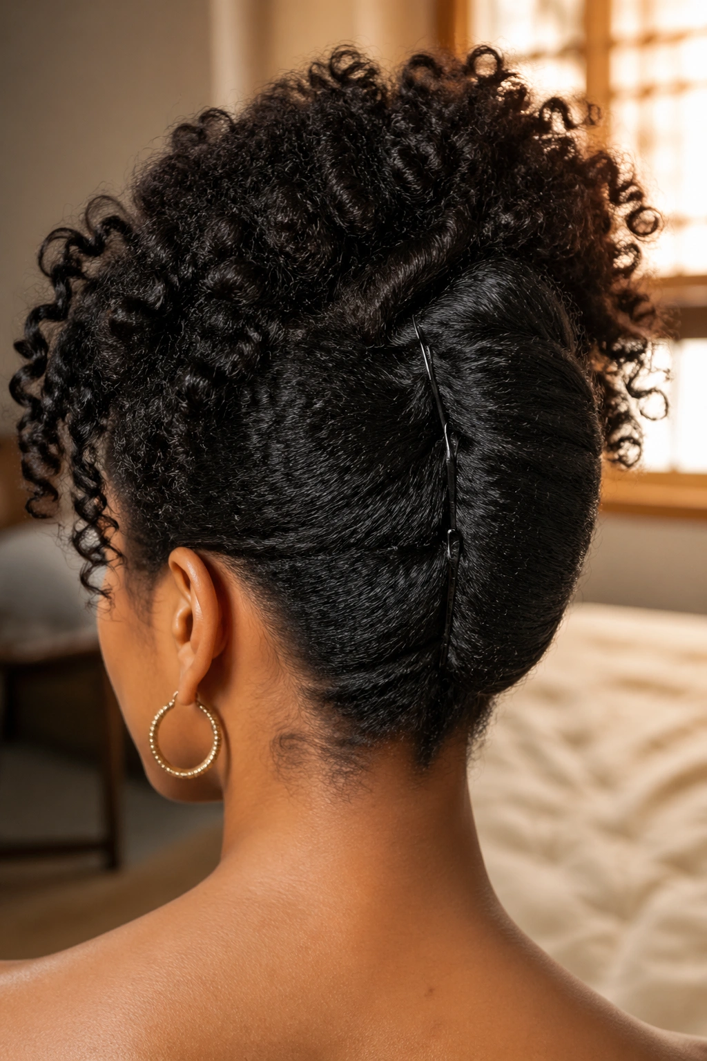 Close-up of a real woman with a vertical French roll on long natural hair
