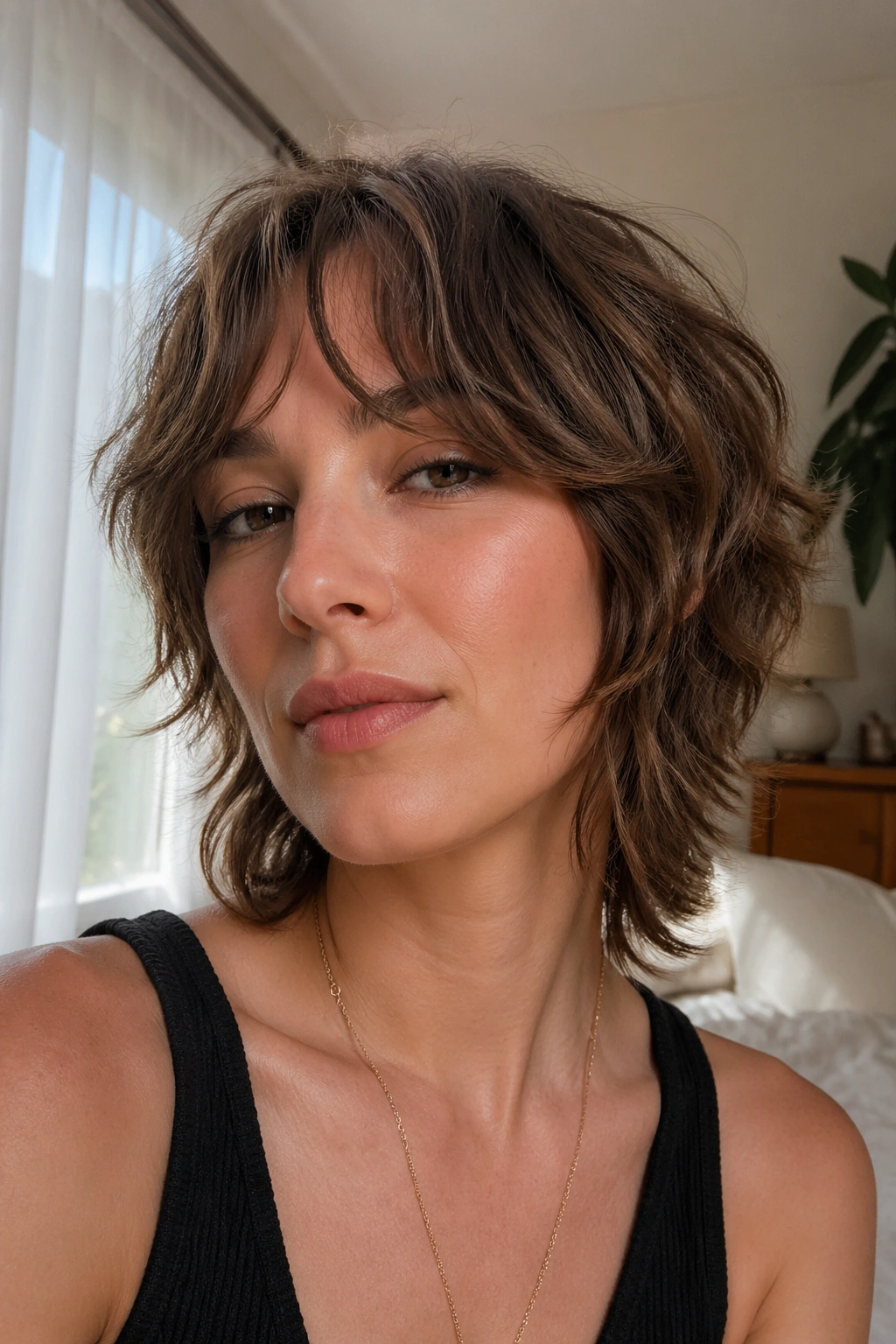 Close-up of a real woman with French shag and cheekbone bangs