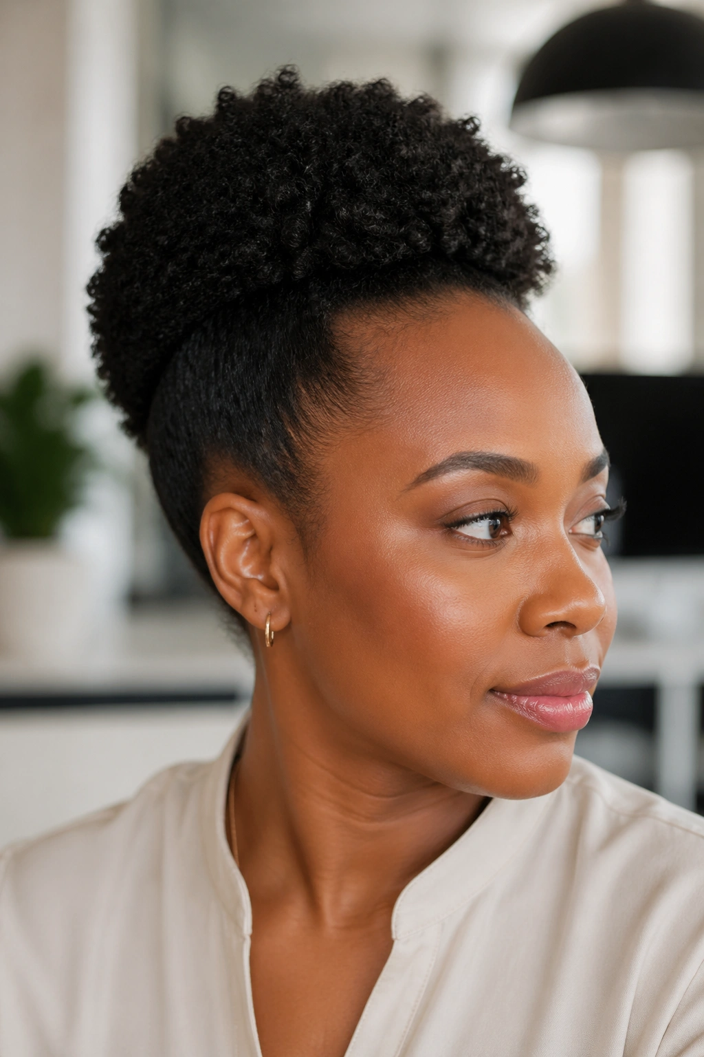 Close-up of a real woman with a French-tucked puff hairstyle