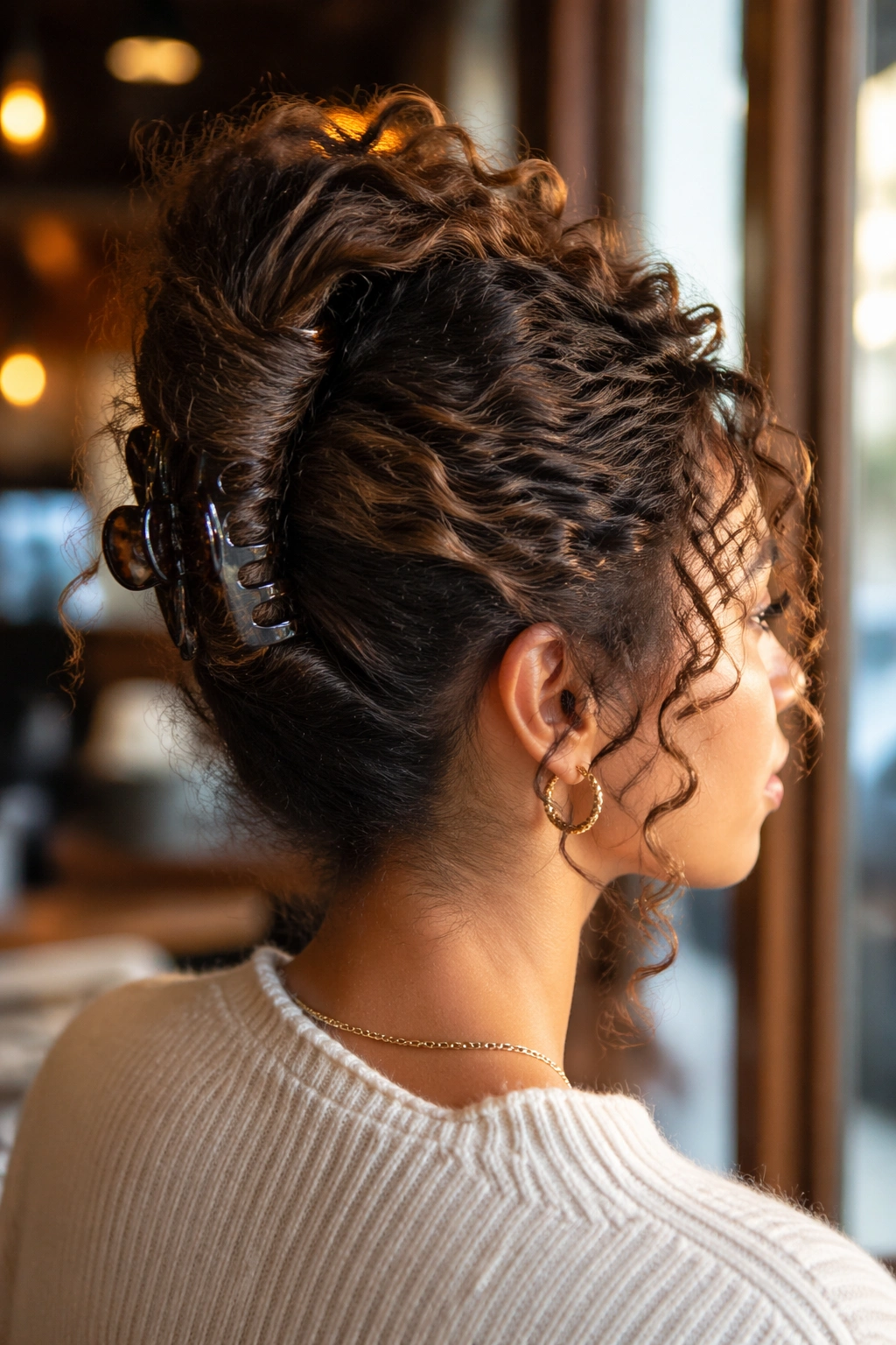 Real-person portrait showing a French twist-inspired clip roll secured with a butterfly clip.