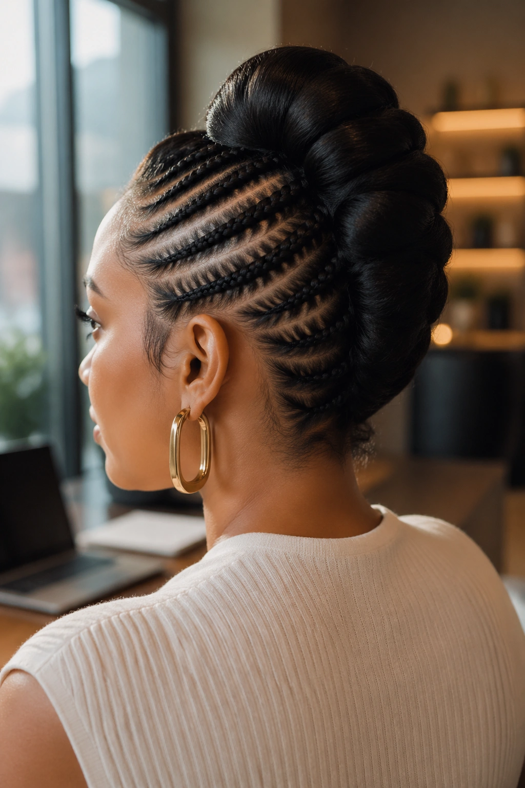 Close-up of a real person with French twist and cornrow sides.