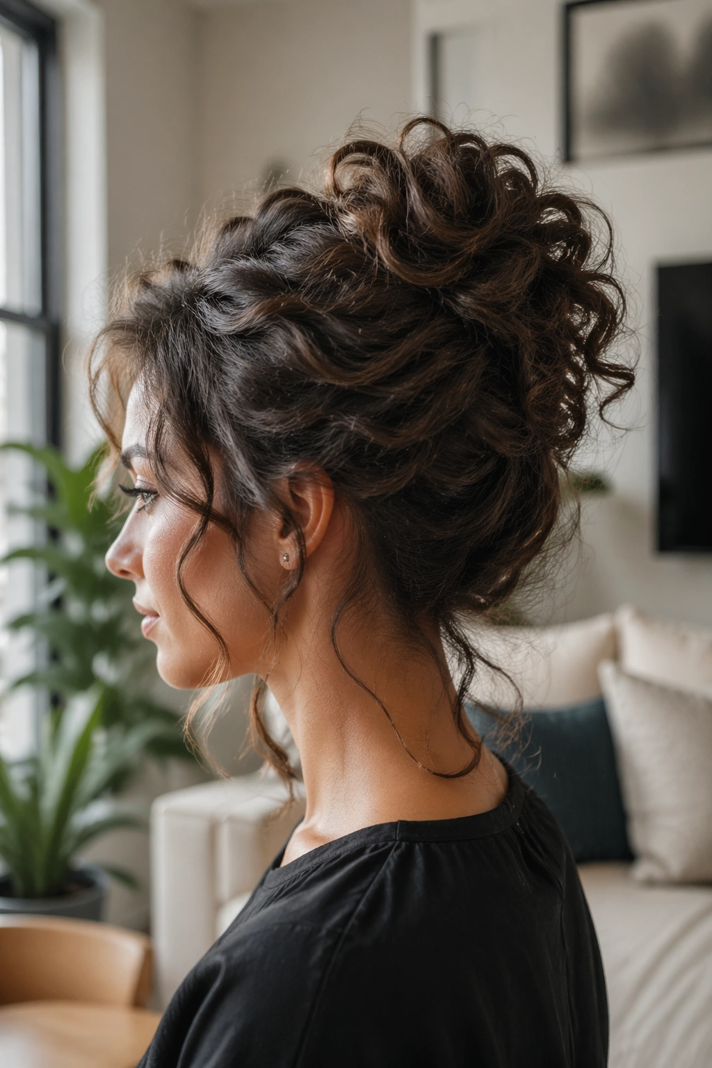 Messy French twist with curl piece in profile view.